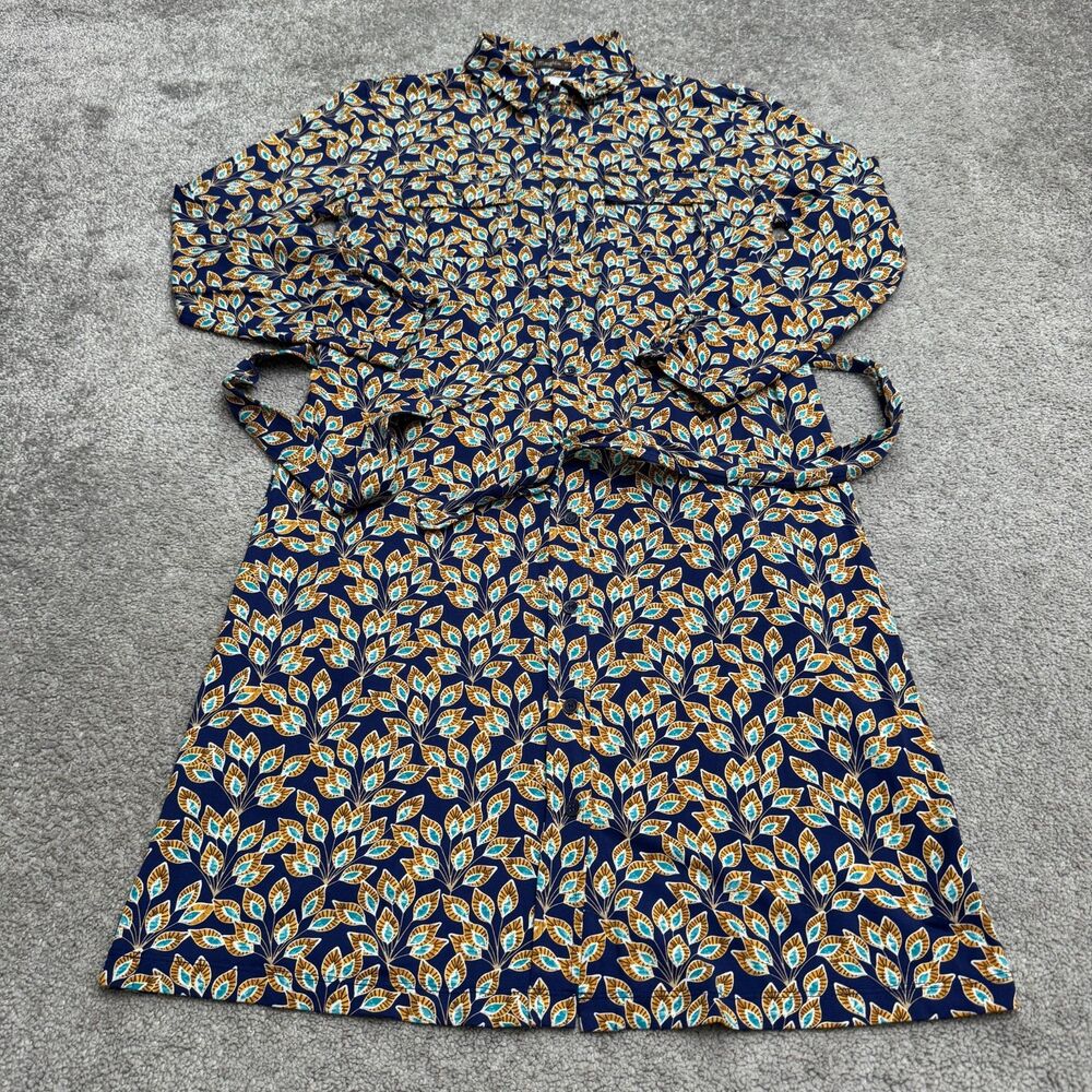 J. McLaughlin Leaf Print Catalina Cloth Belted Shirt Dress Womens Medium Blue